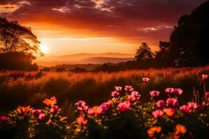 ai gerado flores dentro uma campo às pôr do sol foto