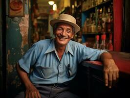 ai gerado a idosos latim americano, mexicano homem dentro a chapéu em a rua do uma latim americano cidade. nacional festival. uma feliz, não rico cara. fotorrealista. ai gerado. foto