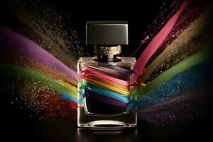 ai gerado vidro garrafa do perfume com colorida arco Iris respingo em Preto fundo. neural rede gerado arte foto
