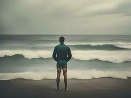 ai gerado homem em a de praia com ondas foto