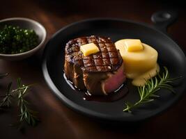 ai gerado grelhado bife e amassado batatas com ervas em uma prato foto