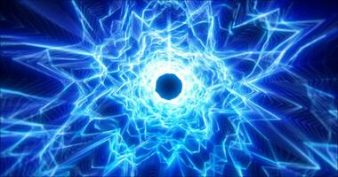 abstrato brilhando luz oi-tech energia azul elétrico túnel quadro, Armação do linhas e partículas túnel futurista, abstrato fundo foto