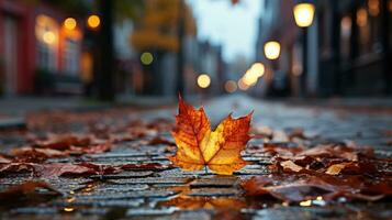 ai gerado lindo amarelo caído outono bordo folha em a asfalto do a estrada molhado a partir de chuva, outono dentro a cidade foto