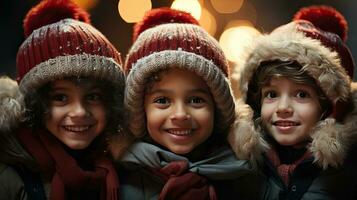 ai gerado feliz crianças dentro caloroso chapéus sorrir e alegrar dentro inverno e neve e Novo anos Natal milagre e beleza ai gerado imagem foto