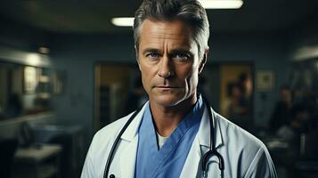 ai gerado masculino médico médico trabalhador dentro branco casaco com estetoscópio dentro hospital ai gerado imagem foto