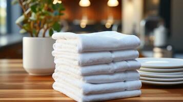 ai gerado limpar \ limpo seco suave algodão fofo ordenadamente guardada toalhas para chuveiro banho e spa foto