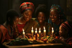 ai gerado kwanzaa celebração, concentrando em africano pessoas iluminado vela brilhando com cultural significado foto