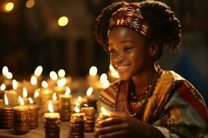 ai gerado kwanzaa celebração, concentrando em africano pessoas iluminado vela brilhando com cultural significado foto