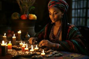 ai gerado kwanzaa celebração, concentrando em africano pessoas iluminado vela brilhando com cultural significado foto