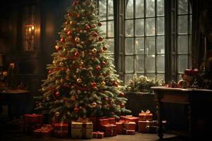ai gerado exibindo uma Natal árvore generosamente decorado com festivo enfeites foto