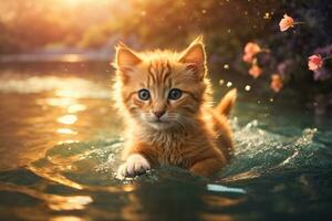 ai gerado pequeno gatinho graciosamente natação dentro uma mágico rio com caloroso matizes do uma configuração do sol dourado brilho foto