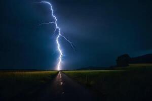 ai gerado relâmpago parafuso impressionante a céu sobre uma estrada foto