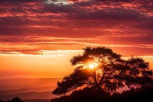 ai gerado uma árvore é recortado contra uma vermelho céu às pôr do sol foto