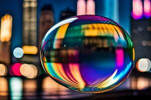 ai gerado uma colorida bolha com cidade luzes dentro a fundo foto