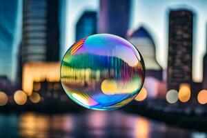 ai gerado uma colorida bolha flutuando dentro frente do uma cidade Horizonte foto
