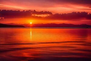 ai gerado a Sol é configuração sobre uma lago com montanhas dentro a fundo foto