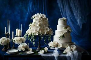 ai gerado uma Casamento bolo é exibido em uma azul mesa foto