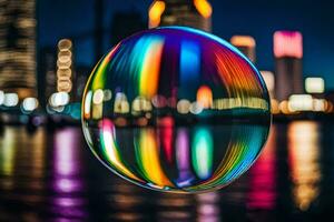 ai gerado uma colorida bolha flutuando dentro frente do uma cidade Horizonte foto