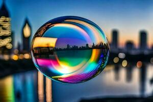 ai gerado uma colorida bolha com uma cidade Horizonte dentro a fundo foto