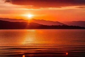 ai gerado a Sol é configuração sobre uma lago com montanhas dentro a fundo foto