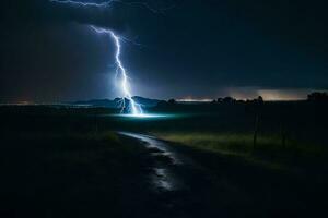 ai gerado uma relâmpago parafuso é visto dentro a céu sobre uma campo foto