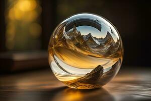 ai gerado transparente cristal bola em uma de madeira mesa. ai generativo foto