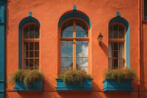 ai gerado colorida janelas do uma típica casa dentro a cidade, ai generativo foto