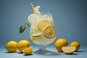 ai gerado limonada com limão fatias e hortelã dentro uma vidro em uma azul fundo. generativo ai foto
