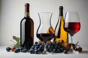 ai gerado composição com garrafas do vermelho e branco vinho e uvas em branco fundo. generativo ai foto