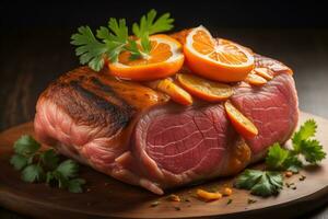 ai gerado cru carne lombo bife com ingredientes para cozinhando em de madeira fundo. ai generativo foto