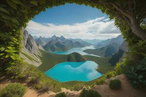 ai gerado lindo panorâmico Visão do a lago dentro a montanhas. generativo ai foto