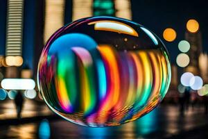 ai gerado uma colorida bolha com uma cidade Horizonte dentro a fundo foto