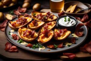 ai gerado cozido batatas com bacon e queijo em uma prato foto