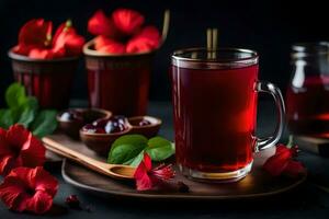 ai gerado vermelho chá com hibisco flores e folhas foto