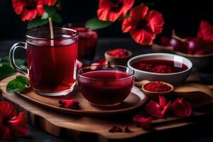 ai gerado vermelho chá com hibisco flores e vermelho flores foto