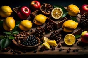 ai gerado limão, canela, Amora silvestre, e de outros frutas estão arranjado em uma de madeira mesa foto