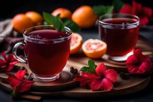 ai gerado dois óculos do chá com vermelho Toranja e hibisco flores foto