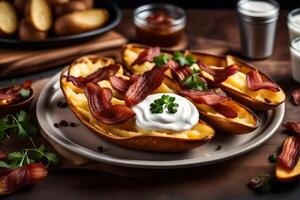 ai gerado bacon e queijo batatas em uma prato foto