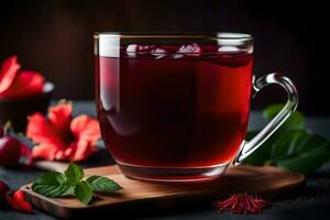 ai gerado uma copo do chá com vermelho hibisco flores e folhas foto