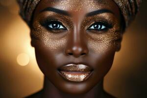 ai gerado impressionante dourado Maquiagem em elegante Preto beleza retrato. foto