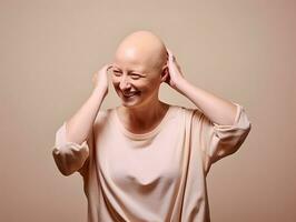 ai gerado retrato do caucasiano Careca mulher, alopecia e Câncer consciência foto
