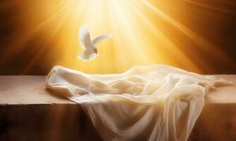 ai gerado ressurreição do Jesus Cristo conceito. branco pássaro, mortalha e crucificação às nascer do sol foto