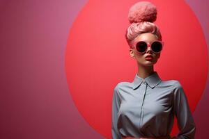 ai gerado jovem positivo mulher brilhante Maquiagem Rosa cabelo glamour à moda copos, em Rosa fundo. foto