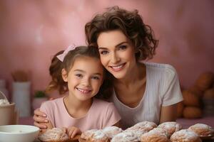 ai gerado carinhoso mãe ensina dela jovem filha quão para faço biscoitos Como elas assar juntos dentro a cozinha. foto