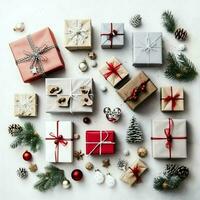 Natal composição com presente caixas, cartão bolas abeto galhos pinho cones com cópia de espaço. Natal de ai gerado foto