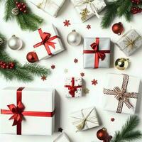 Natal composição com presente caixas, cartão bolas abeto galhos pinho cones com cópia de espaço. Natal de ai gerado foto