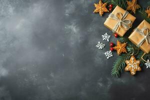 Natal composição com presente caixas, cartão bolas abeto galhos pinho cones com cópia de espaço. Natal de ai gerado foto