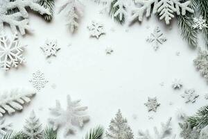 Natal composição com presente caixas, cartão bolas abeto galhos pinho cones com cópia de espaço. Natal de ai gerado foto