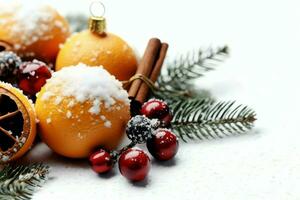 Natal composição com presente caixas, cartão bolas abeto galhos pinho cones com cópia de espaço. Natal de ai gerado foto