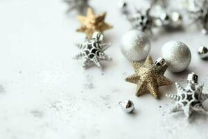 Natal composição com presente caixas, cartão bolas abeto galhos pinho cones com cópia de espaço. Natal de ai gerado foto